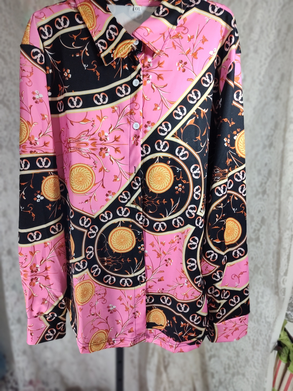 Essentials Pink and Black Baroque Print Button-Up Top